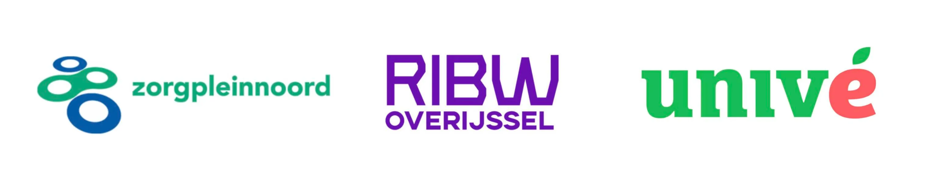 Logo's van klanten: Zorgplein Noord, RIBW Overijssel en Univé verzekeringen