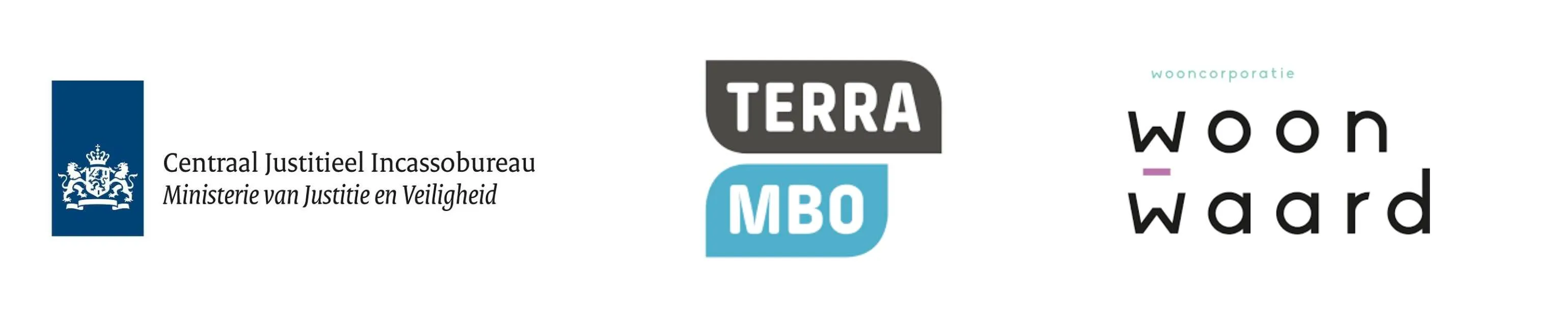 Logo's van klanten: Ministerie van Justitie en Veiligheid, TerraMBO en wooncorporatie WoonWaard